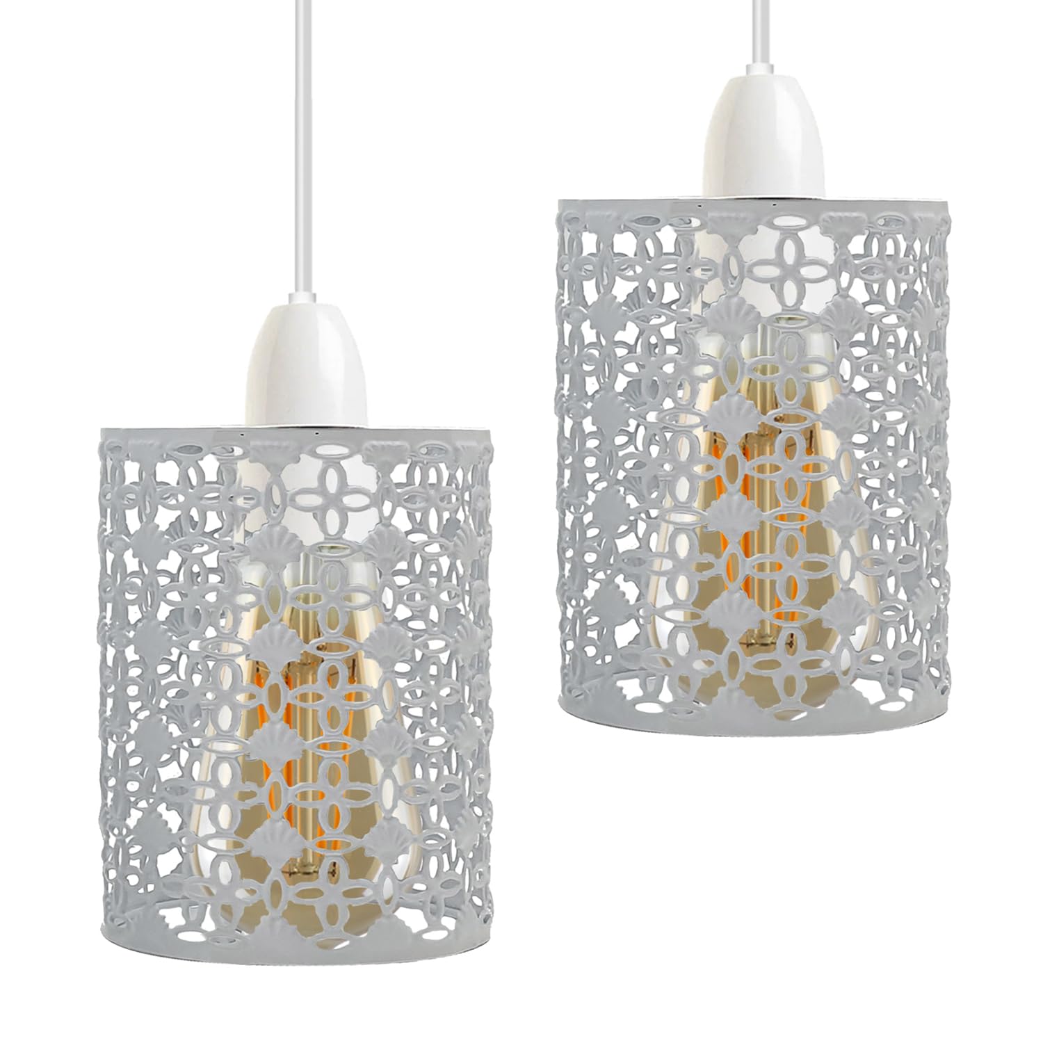 DC VOLTAGE 2 Pack of Industrial Metal Bulb Guard Drum Shaped Lampshades for Ceiling Pendant Lights, Indoor Easy Fit Wire Cages for Kitchen, Hallways (White) — image 1