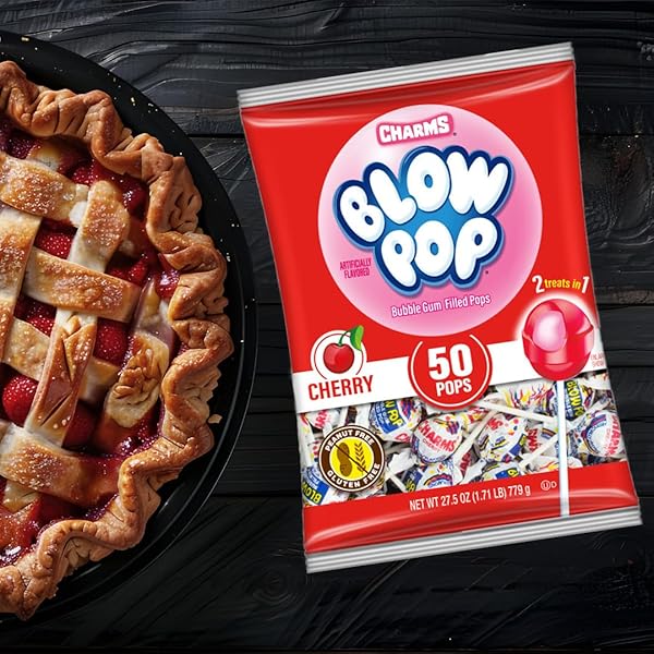 CHARMS BLOW POP SINGLE FLAVOR BAG – CHERRY FLAVORED LOLLIPOPS WITH A BUBBLE GUM CENTER – INDIVIDUALLY WRAPPED HARD CANDY – RED CANDY – PEANUT FREE, GLUTEN FREE, 50 COUNT (PACK OF 1)