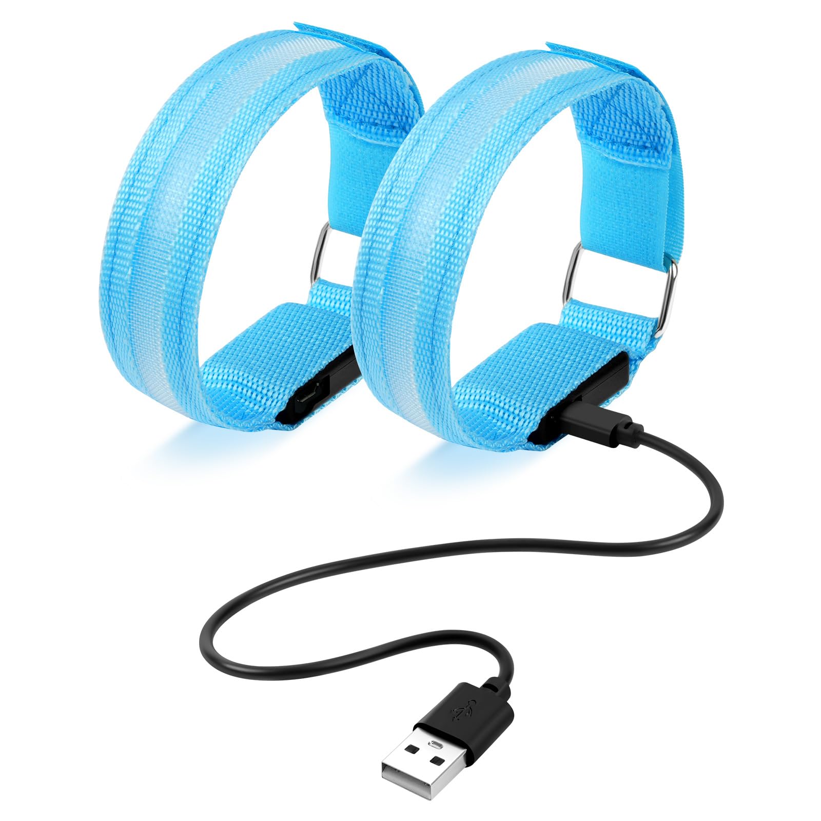 Ainiv 2pcs LED Armband Light, Rechargeable USB Reflective Bracelets with 3 Lighting Modes, Adjustable Flashing Safety Ankle/Armband for Outdoor Jogging, Cycling, Running Sport (Blue)