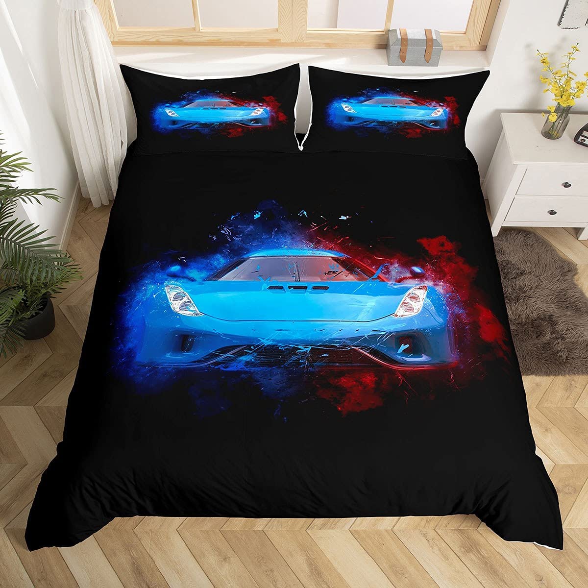 Race Car Bedding Set Double Size for Boys Kids Teens Men Speed Sports Car Decorative Extreme Sports Theme Comforter Cover with 2 Pillowcases Soft Microfiber Zipper Blue Automobile 3 Pcs Novely