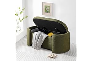 Deolme Storage Ottoman Bench- Modern Wooden Indoor Upholstered Storage Bench End of Bed Stool Sherpa Bench Bedside with Safety Hinge for Bedroom, Living Room Seating, Entryway (Olive Green, 43 inch)