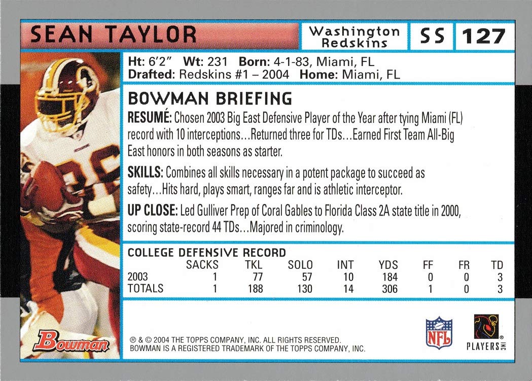 Trading Cards 2005 Bowman Football 127 Sean Taylor Rookie Card 