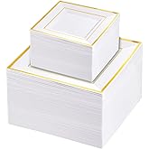 Liacere 100PCS White and Gold Square Plastic Plates-50PCS Heavy Duty 9.5inch White Dinner Plates and 50PCS 6inch White Dessert Plates - Gold Plastic Plates for Party & Christmas & New Year