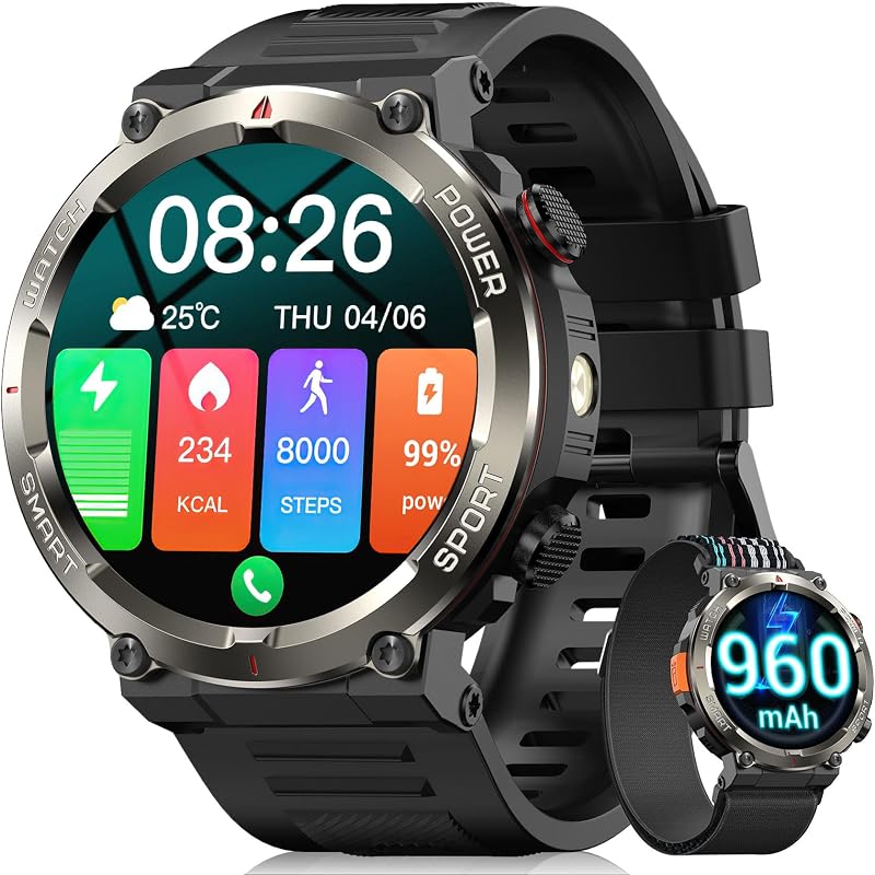 Smartwatch Uomo con Batteria 960mAh, Torcia LED, Bussola