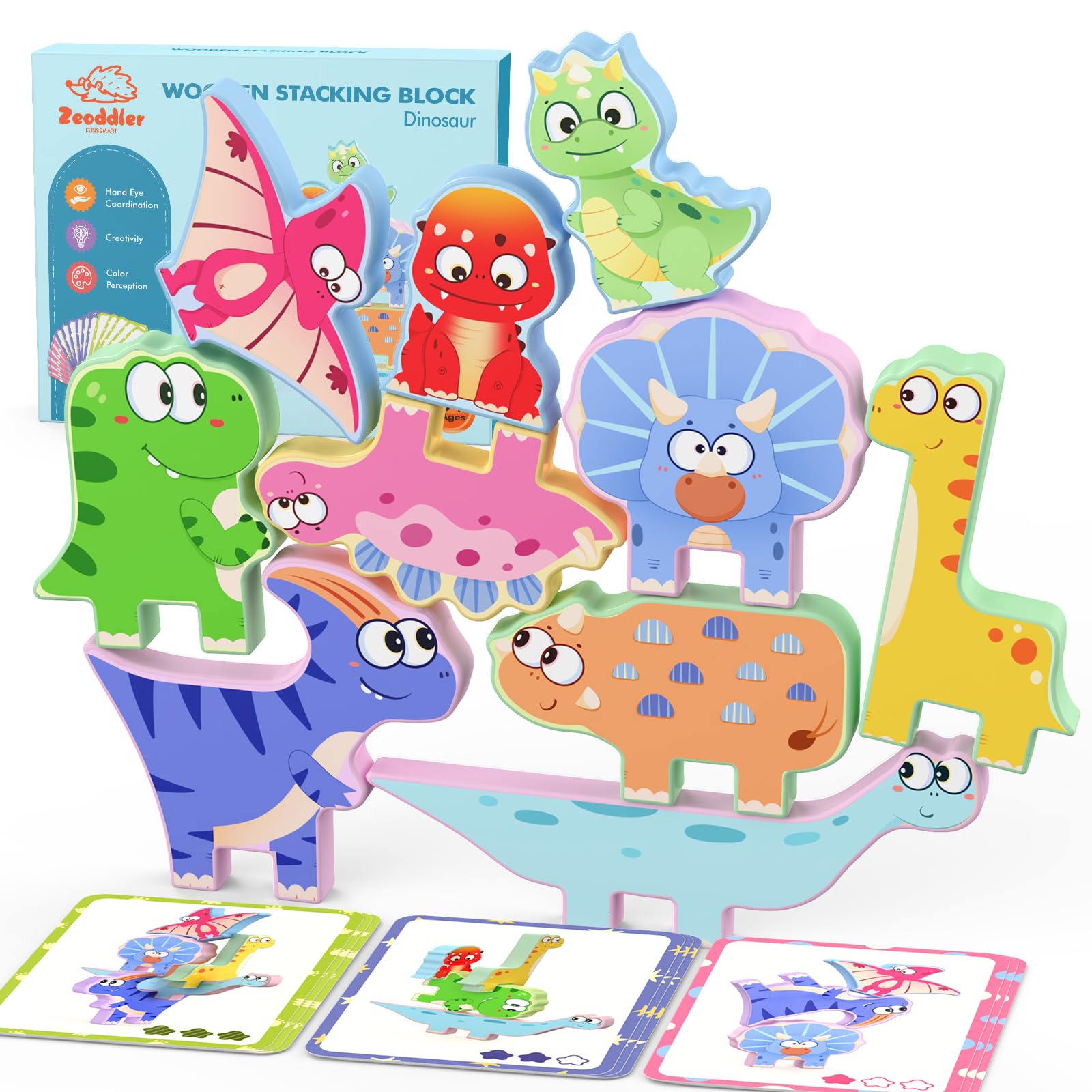 Photo 1 of Zeoddler Montessori Toys for Toddlers, 10 Pack Wooden Dinosaur Stacking Blocks, Sorting & Stacking Preschool Learning Activities, Gift for Boys, Girls