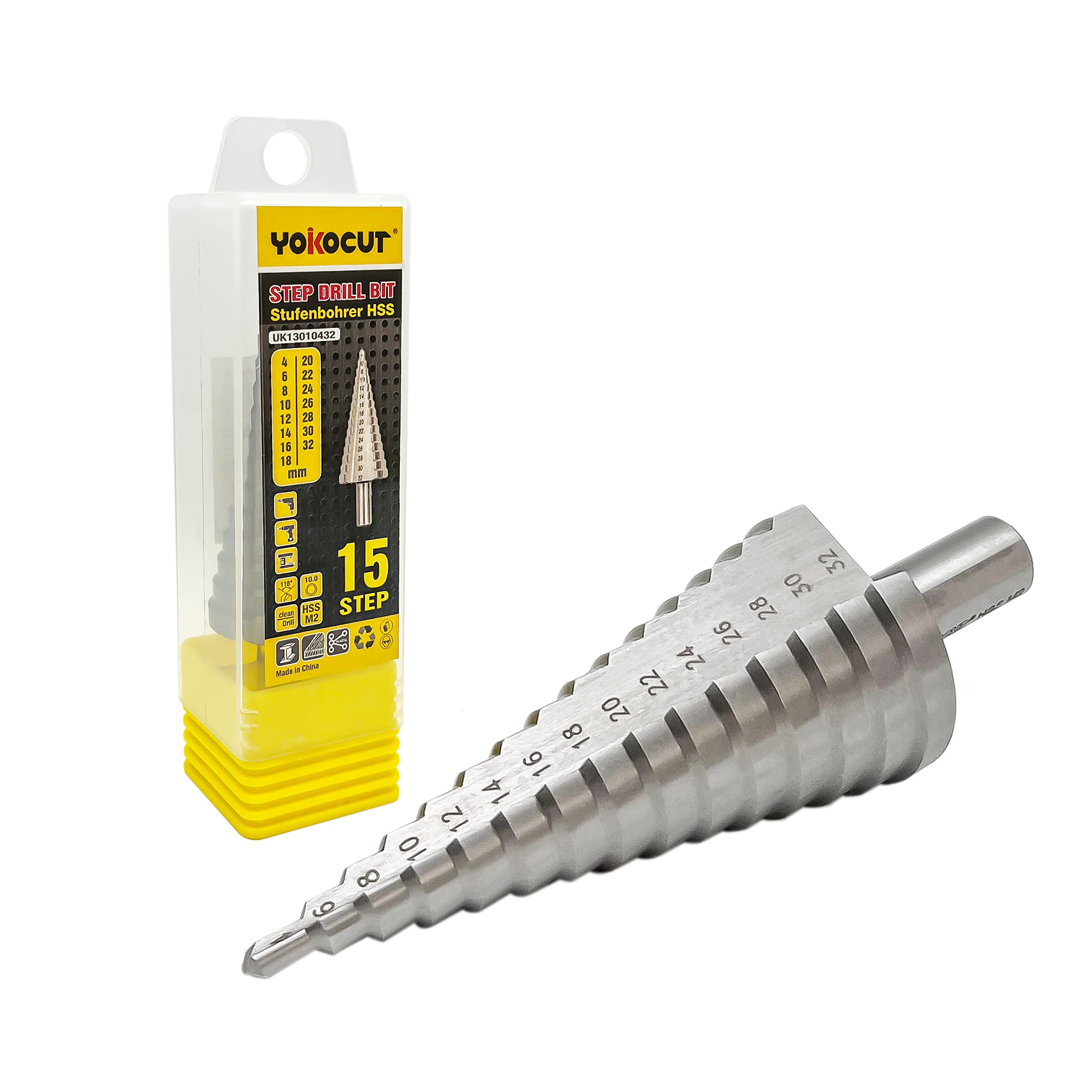 YOKOCUT Step Drill Bit HSS M2 Fully Ground Step Drill Bit For Metal Multiple Hole Drilling Cone Drill Bit Stepped Up Bits For DIY Lovers With 10mm Tri-Flat Shank (4-32mm Step Bit -15 Steps)