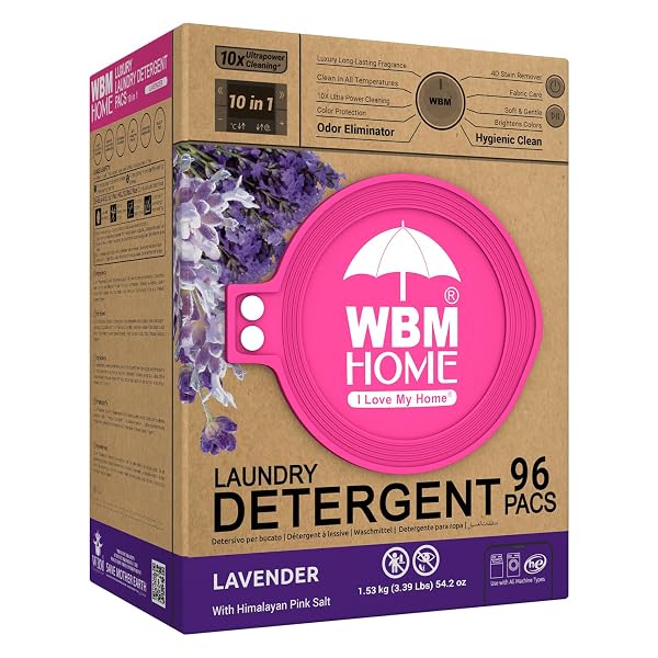 WBM 10-IN-1 LAUNDRY PODS WITH SOFTENER & SCENT BOOSTER, 96 COUNT, HIGH EFFICIENCY (HE), FABRIC SOFTENER, LAVENDER EXTRACTS, STAIN LIFTER, ECO-FRIENDLY, GENTLE, FRESH