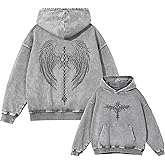 Dynict Unisex Y2K Aicd Wash Gothic Graphic Hoodies Oversize Grunge Skull Wing Print Sweatshirt Casual Fit Pullover
