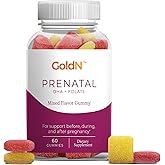 GoldN™ Prenatal DHA and Folate Premium Gummies | Omega-3 DHA, 600 mcg Folic Acid, 200 mcg Iodine & 13 Nutrients | Non-GMO, Gluten-Free | Raspberry & Lemon Flavor | 60 Gummies (30-Day Supply)