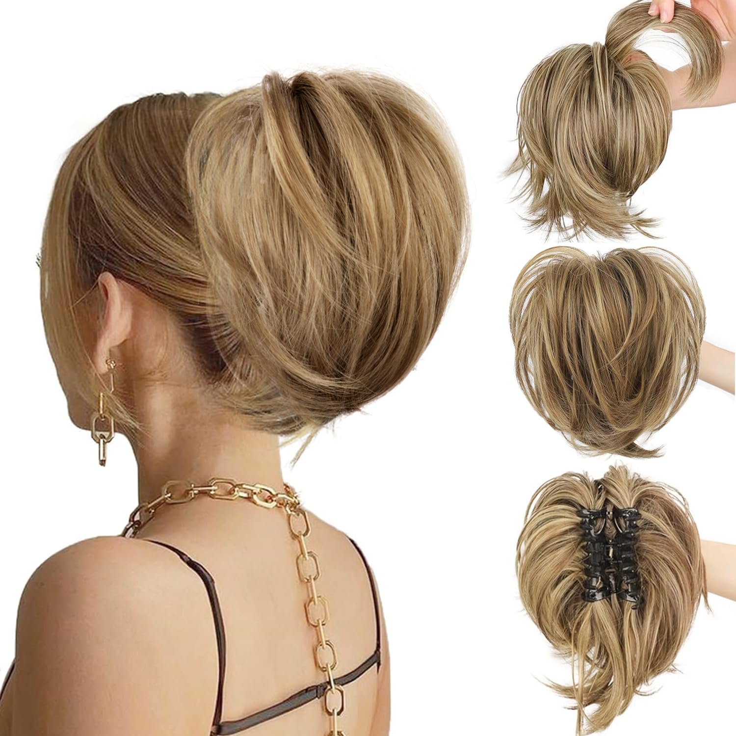 PORSMEER Claw Clip in Short Brown Ponytail Hair Extension with Bendable Metal Wire Hair Pieces for Women Messy Bun Hair Piece, Fake Pony Tail DIY Styles