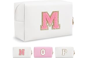 CHAOGREAT Personalized Makeup Bag Initial A-Z Preppy Patch Bag,Small PU Leather Travel Cosmetic Bag Pouch with Zipper,White Cute Toiletry Bag,Gift Ideal for Teen Girls Women Birthday Friend Mom,Letter M