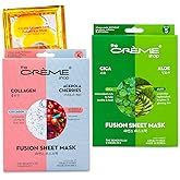 The Crème Shop Face Mask Bulk Pack - Bundle of Fusion Masks Made in Korea: Cica & Aloe, Collagen & Acerola Cherries for Hydration, Rejuvenation, More