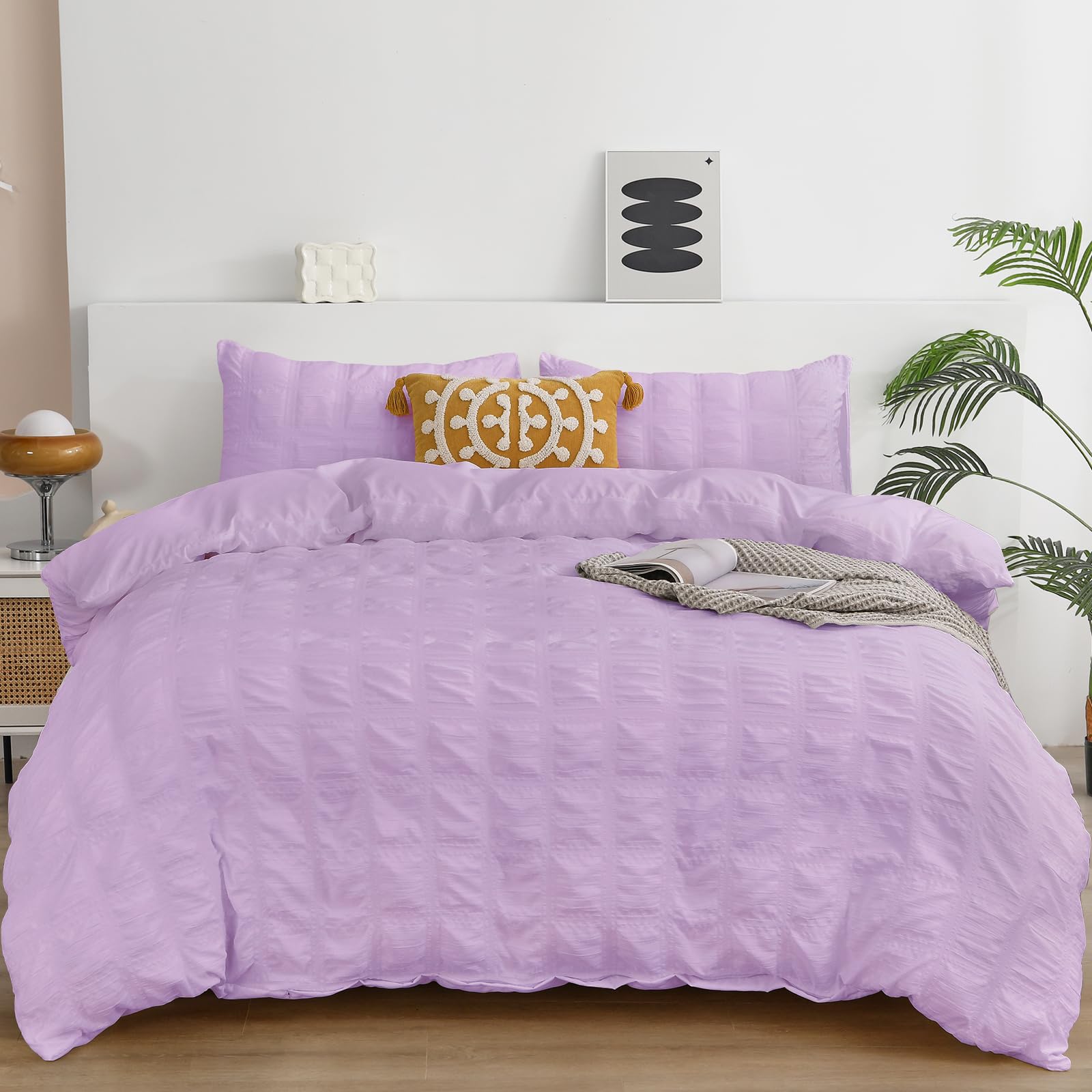 Fondream Purple Seersucker Duvet Cover King Size Pompom Tassels Design Bedding Set Textured Bedding Set with Zipper Closure (Purple, 220x230cm)