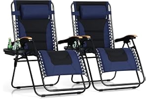 PHI VILLA XXL Oversized Padded Zero Gravity Chair Set of 2, Foldable Patio Recliner, 30" Wide Seat Anti Gravity Lounger with Armrest and Cup Holder, Support 400 LBS (Navy Blue)