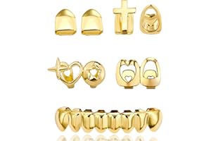 GIFIKOI 7Pcs Golden Grillz Set for Your Teeth Open Face Hip Hop Rapper Teeth Jewelry Single Grill Dental Caps for Top 8/6 Bottom Tooth Grillz