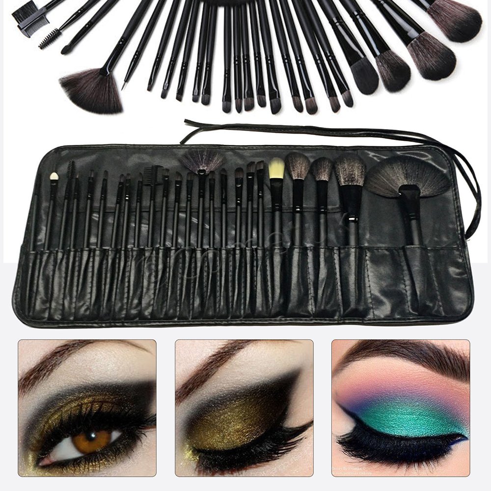 Aurelife Synthetic Hair Wooden Handle Makeup Brush Kit, Black, 24-Pieces Professional Brushes