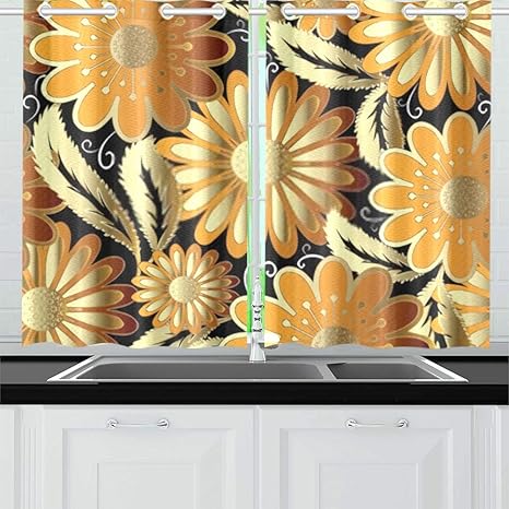 Cortinas de Cocina Flores Doradas Adornado Vector sin patrón Cortinas