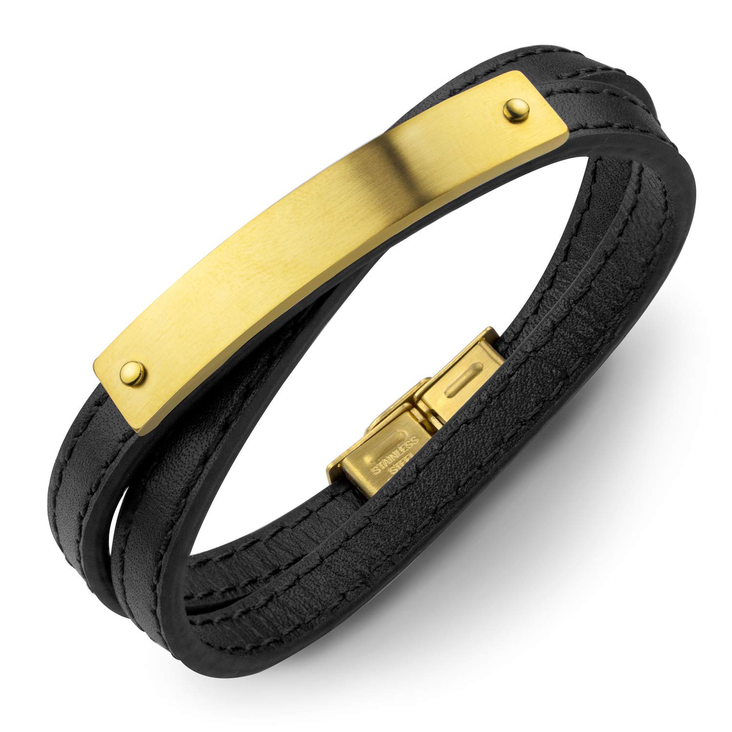 555Jewelry Leather Mens Womens Unisex Double Wrap Wraparound Tongue Clasp Buckle Classic Fashion Jewelry Accessory Band Bangle Bracelet, Black & Yellow Gold 9 Inch