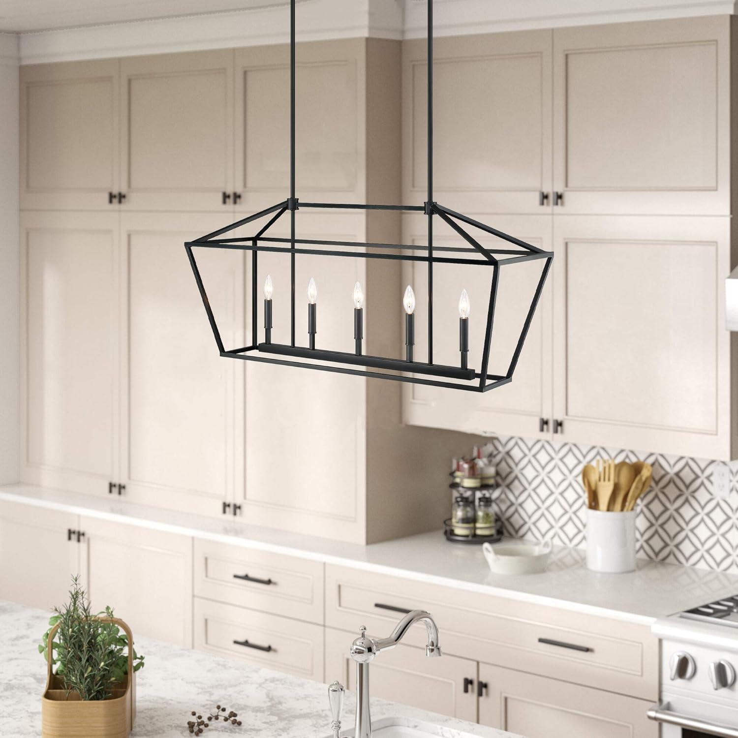 MOTINI 5-Light Kitchen Island Lantern Pendant Linear Chandelier Black Rod Hanging Light 40"x 12"x18.5" - - 