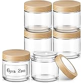 2 oz Small Glass Jars with Lids, Bumobum Clear Cosmetic Jars with Plastic Woodgrain Lids, 60ml Refillable Empty Containers for Lotion, Cream, Salve, Powders, 6 Pack
