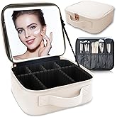 SUILU Makeup Bag with Led Mirror,Travel Makeup Organizer with 3 Color Setting, Portable Storage and Adjustable Dividers Travel Makeup Bag(White)