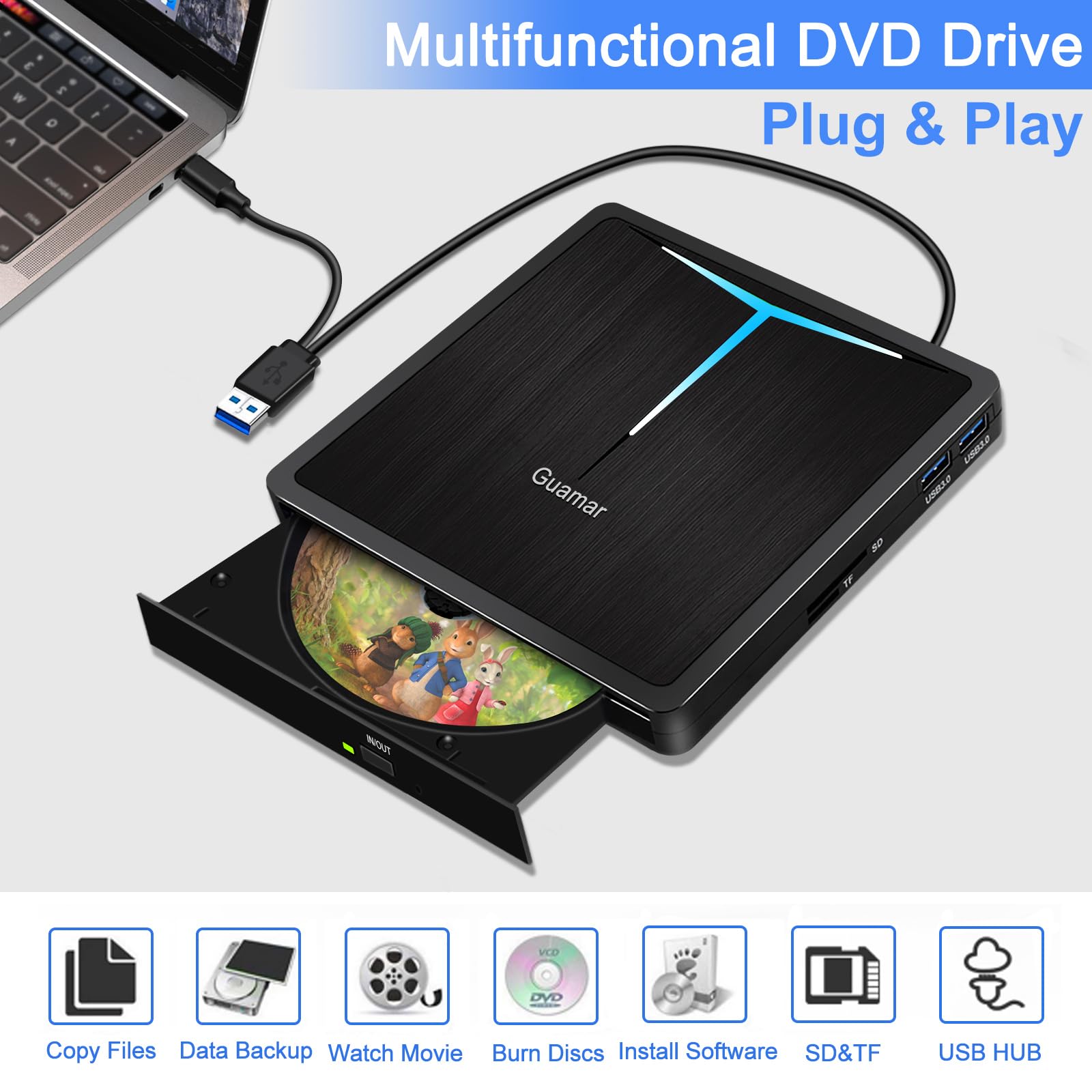 Guamar External CD/DVD Drive for Laptop, USB 3.0 USB-C DVD Player CD Burner with 2 USB Ports SD TF Slot, Portable CD DVD ROM Drive Disk Reader Writer for PC Mac MacBook Windows 11 Linux