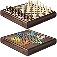 ELONGDI 2 in 1 Magnetic Chess Set & Chinese Checkers 13" Wooden Board Game with Storage Drawer and 60 Glass Marbles + Bonus 12 Spare & 2 Extra Queens,for Kids and Adults