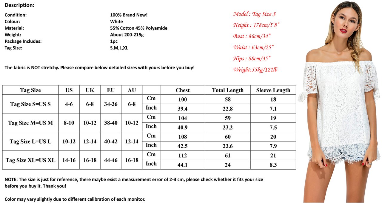 CHIC DIARY Women Off Shoulder Lace Top Short Sleeve T-Shirt Blouse (UK12-14)