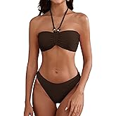 ZAFUL Women's Halter Bandeau Bikini Beaded Tie Back String Bikini Set Push Up Two Piece Swimsuit Bathing Suits