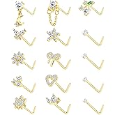 BSJ4U Nose Rings L Shaped for Women Nose Piercings 20G Surgical Stainless Steel Gold Plated Nose Studs Pink Red CZ Heart Butterfly Flower Cherry Bow Moon Dangle Nose Piercing Jewelry