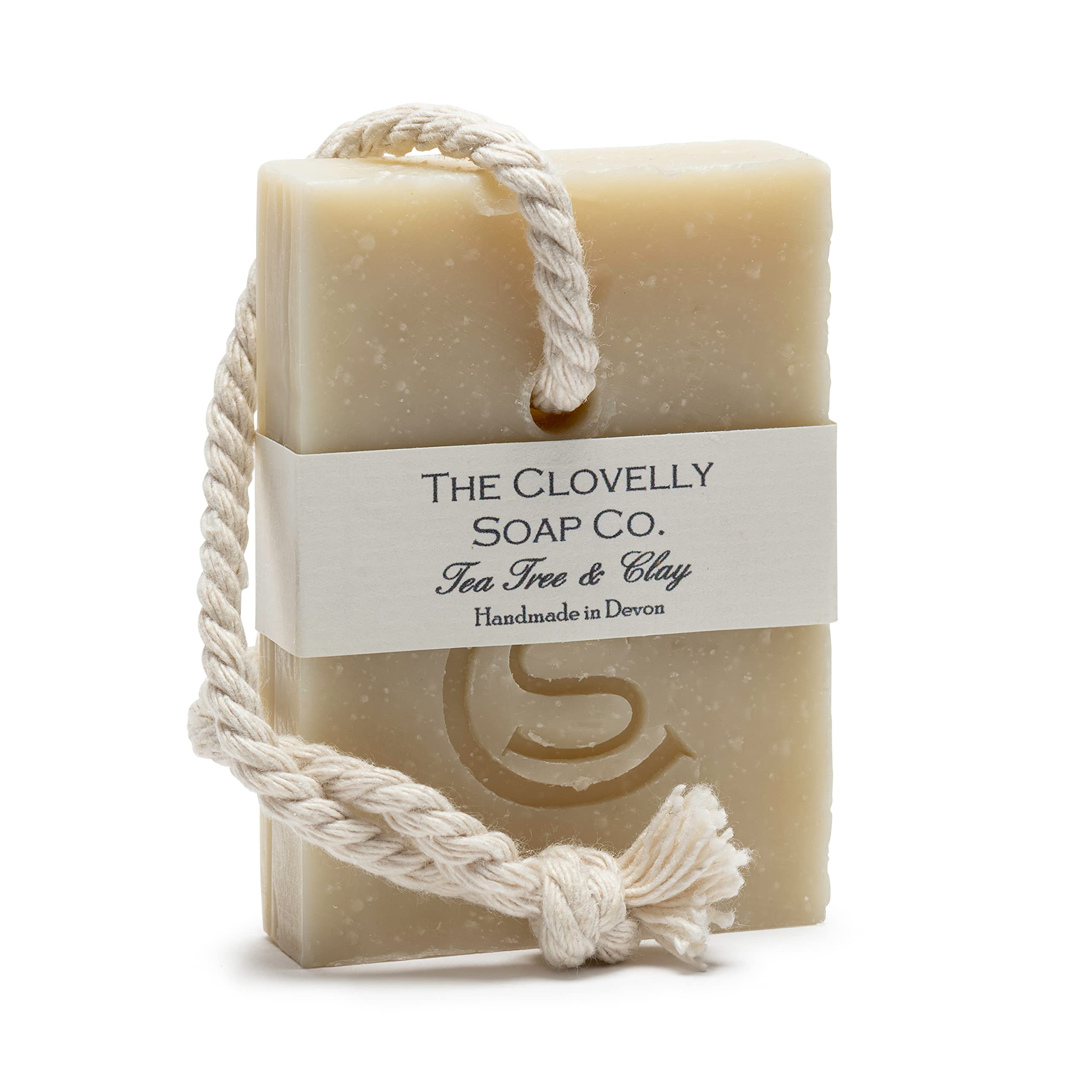 Clovelly Soap Co Natural Handmade Soap on a rope Bar (Tea Tree & Clay, 100g) For all skin types.