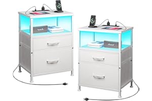 YeTom Nightstand with Charging Station Set of 2, LED Night Stand with 2 Fabric Drawers, Side Table with Open Shelf, End Table with Steel Frame, 2 Drawer Dresser for Bedroom, White