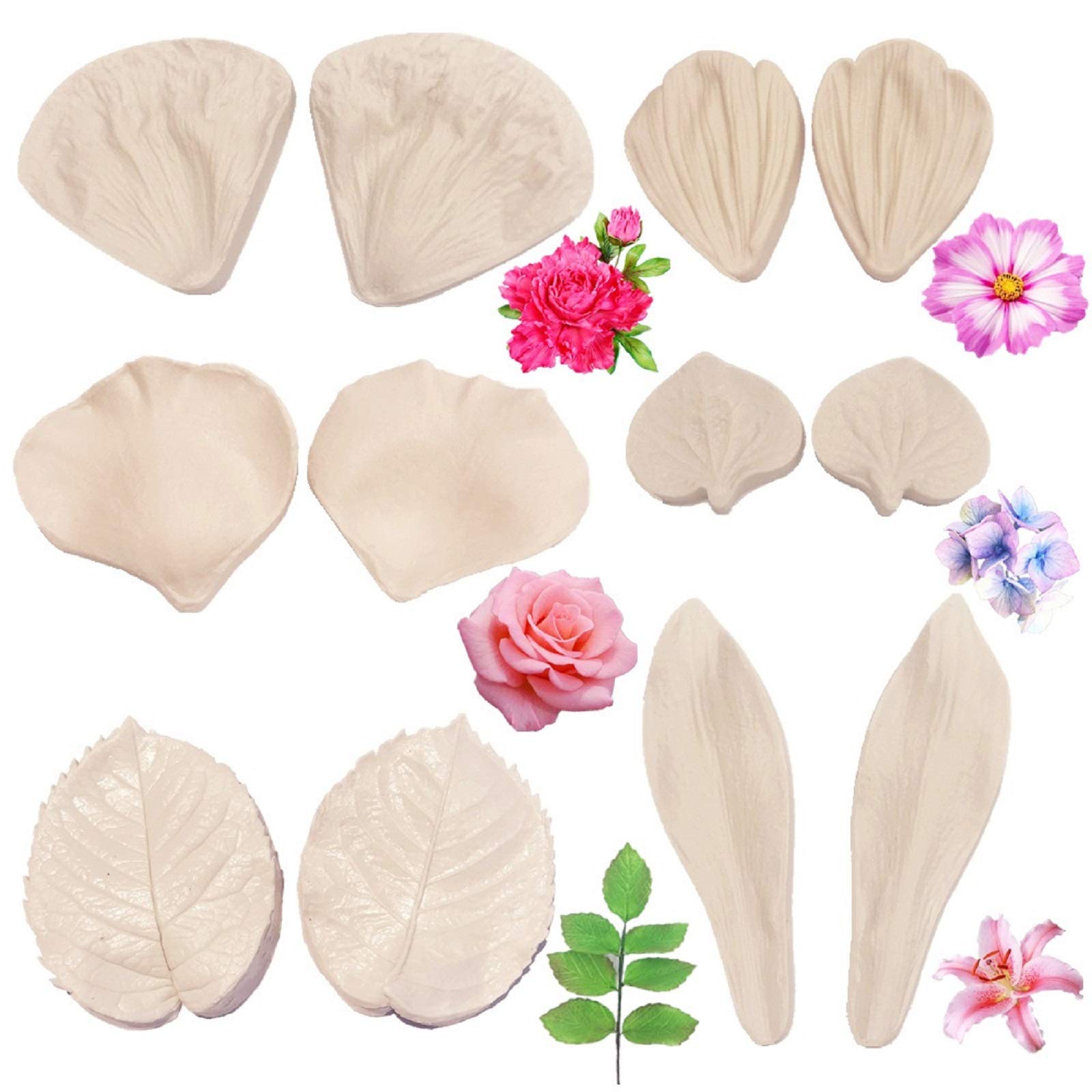 6set Gum Paste Flowers Mold,Fondant Flower Mould,Petal Silicone Veiner Mould,Sugarcraft Flower Making Tools for Peony Rose Lily Daisy Hydrangea and Leaves Fondant Cake Decorating