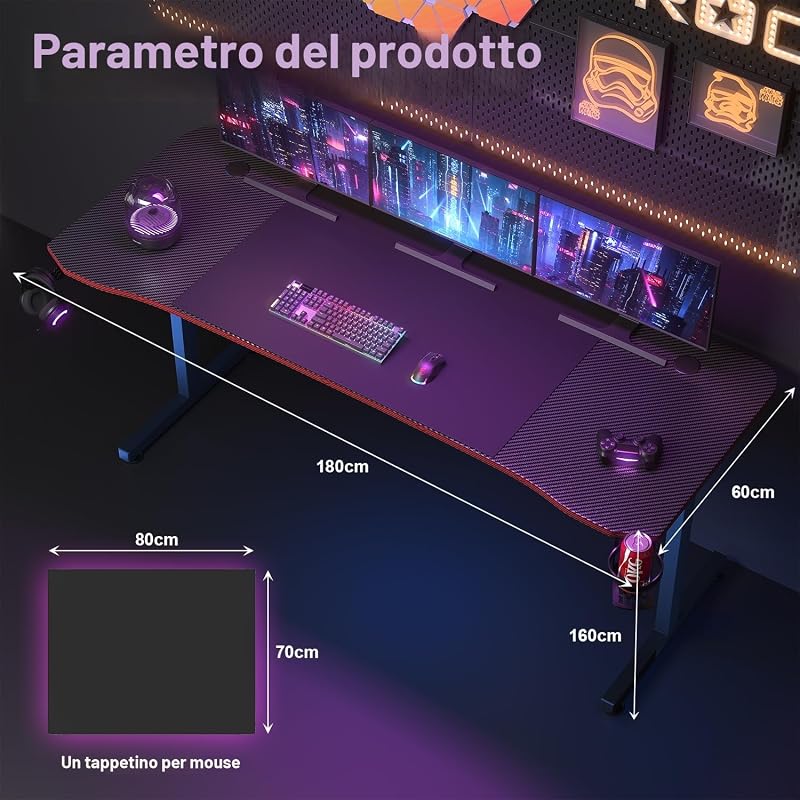 180 * 60 Scrivania Gaming, Tavolo da Gaming, Scrivania per Computer, Postazione Gamer con Piano del Tavolo in Fibra di Carbonio Adatto Sia per i Giocatori Che per l'uso in Ufficio — foto 7 di 7