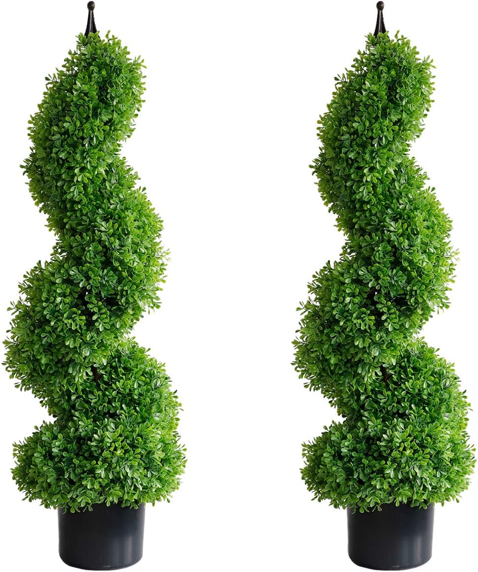 momoplant Artificial Topiary Outdoor Boxwood Spiral Topiary Tree 3ft (2 Pieces) Faux Topiary Tree Outdoor Feaux Plant for Decorative Indoor/Outdoor/Garden (35inch) -