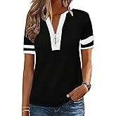 Hilinker Women's Short Sleeve T Shirts Zipper Tops Tee Color Block Casual Summer Loose Fit Blouses