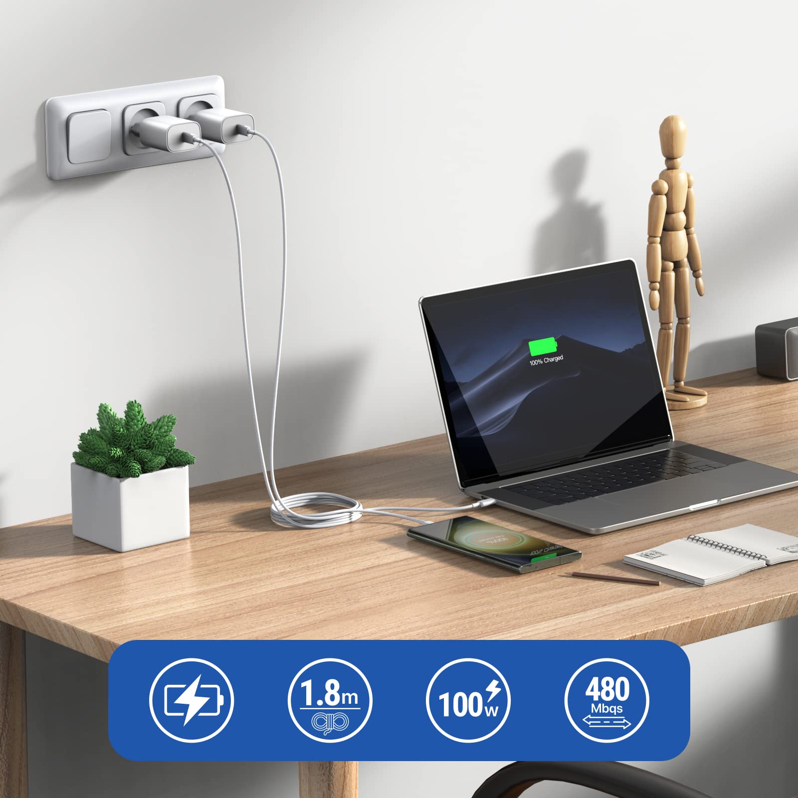 Ankoda USB C Kabel 2Pack 100W 1.8M Schnellladekabel 5A PD 4.0 6