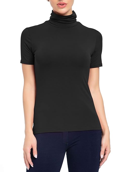 Buy Short Sleeve Mock Turtleneck Stretch Slim T Shirt Layer Top Black
