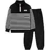 KANGKANG Boys Clothes Quarter Zip Collar Striped Sweatshirt Top and Solid Sweatpants 2 Pcs Winter Kids Fall Outfits Set 4-12Y