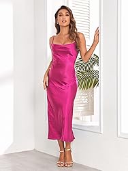 Women's Spaghetti Strap Midi Satin Silk Dresses