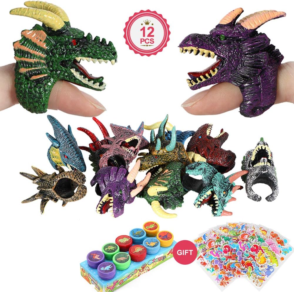 Joinfun 34pcs Finger Toys Dragon Puppet With Dinosaur Self Inking Stamps Stickers for Kids Boys Girls Dinosaur Party Bag Fillers Kids Birthday Party Supplies