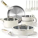 CAROTE 19pcs Tri-Ply Stainless Steel Cookware Set with Detachable Handle, Pots and Pans Set, Induction Kitchen Cooking Sets, RV/Camping Cookware, Outer Ceramic Layer, Oven Safe, Cream White