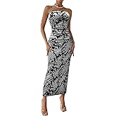 BTFBM Women's Summer Maxi Tube Dress Strapless Side Slit Long Floral Bodycon Dress Elegant Party Cocktail Dresses