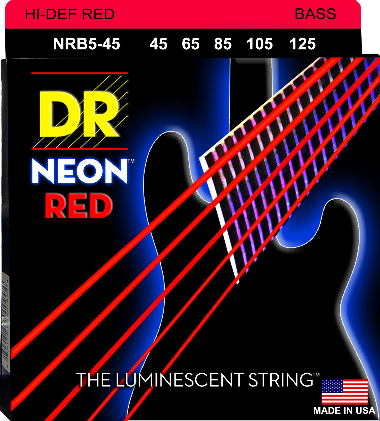 DR Strings HI-DEF NEON™ - RED coloured Bass Strings: 5-String Medium 45-125