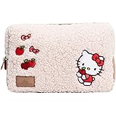 Impressions Vanity Hello Kitty Harvest Cosmetic Pouch for Purse, Travel Makeup Bag Organizer with Outer Slip Pocket, Hello Kitty Apple Artwork, Faux Sherpa, Embroidered Cursive Signature