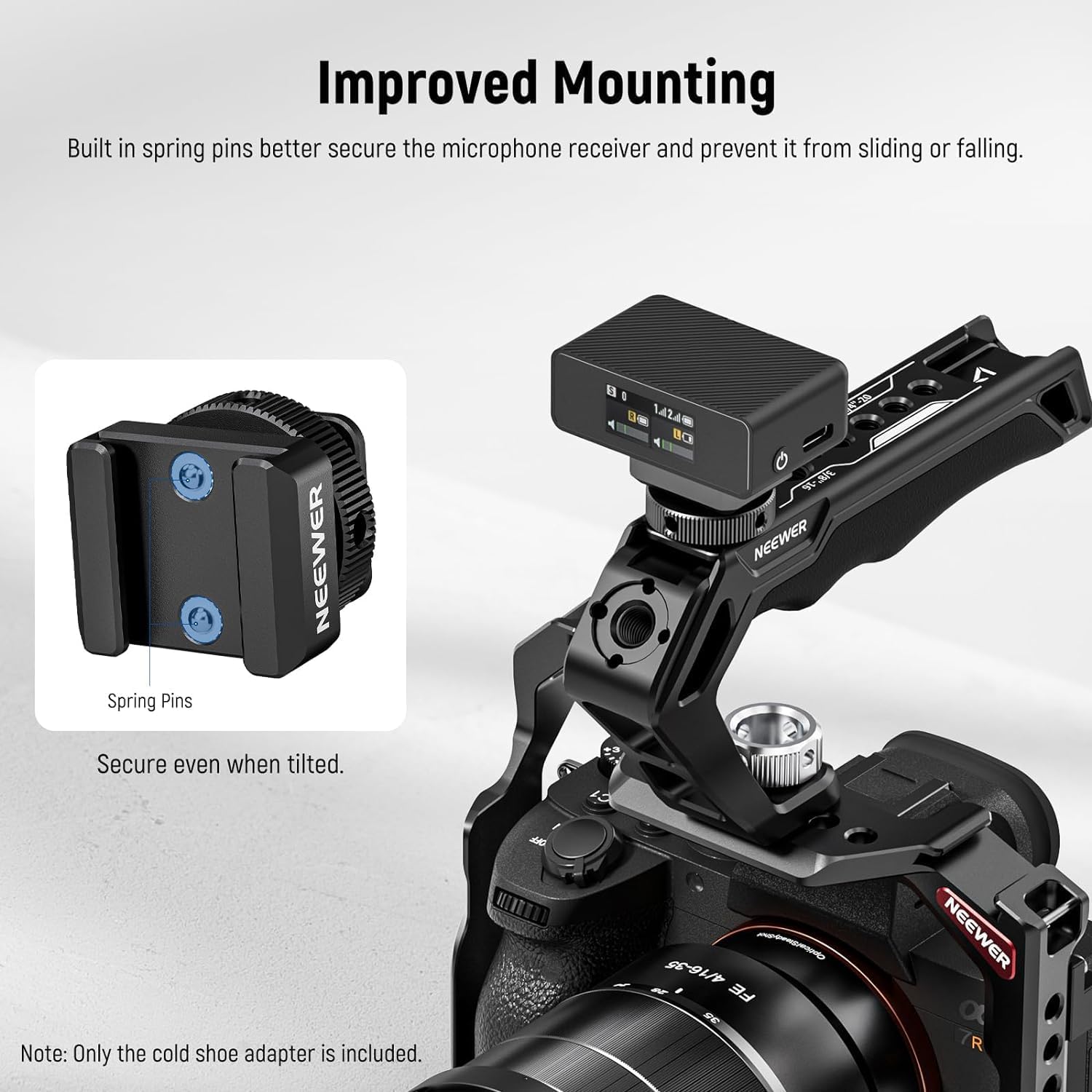 NEEWER Cold Shoe Mount Adapter Compatible with DJI Hollyland Rode Wireless Lavalier Microphone Receiver, Anti Drop Mic Accessories with Retractable Pins, Metal Camera Cage Mount Adapter, UA030