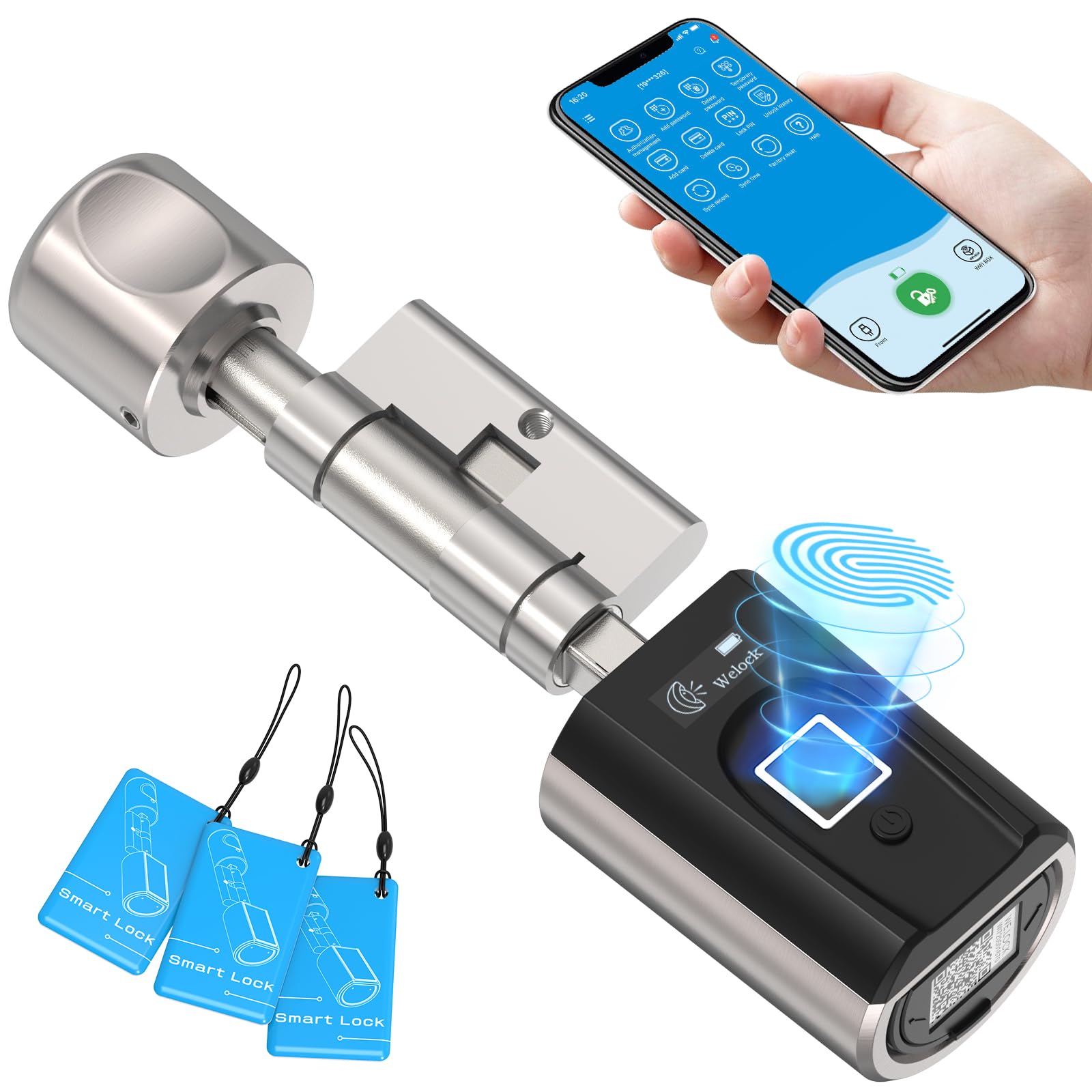 WELOCK Electronic Fingerprint Lock with App, RFID Cards and WiFi (WIFIBOX Required), for Doors from 30-70mm, Keyless Entry