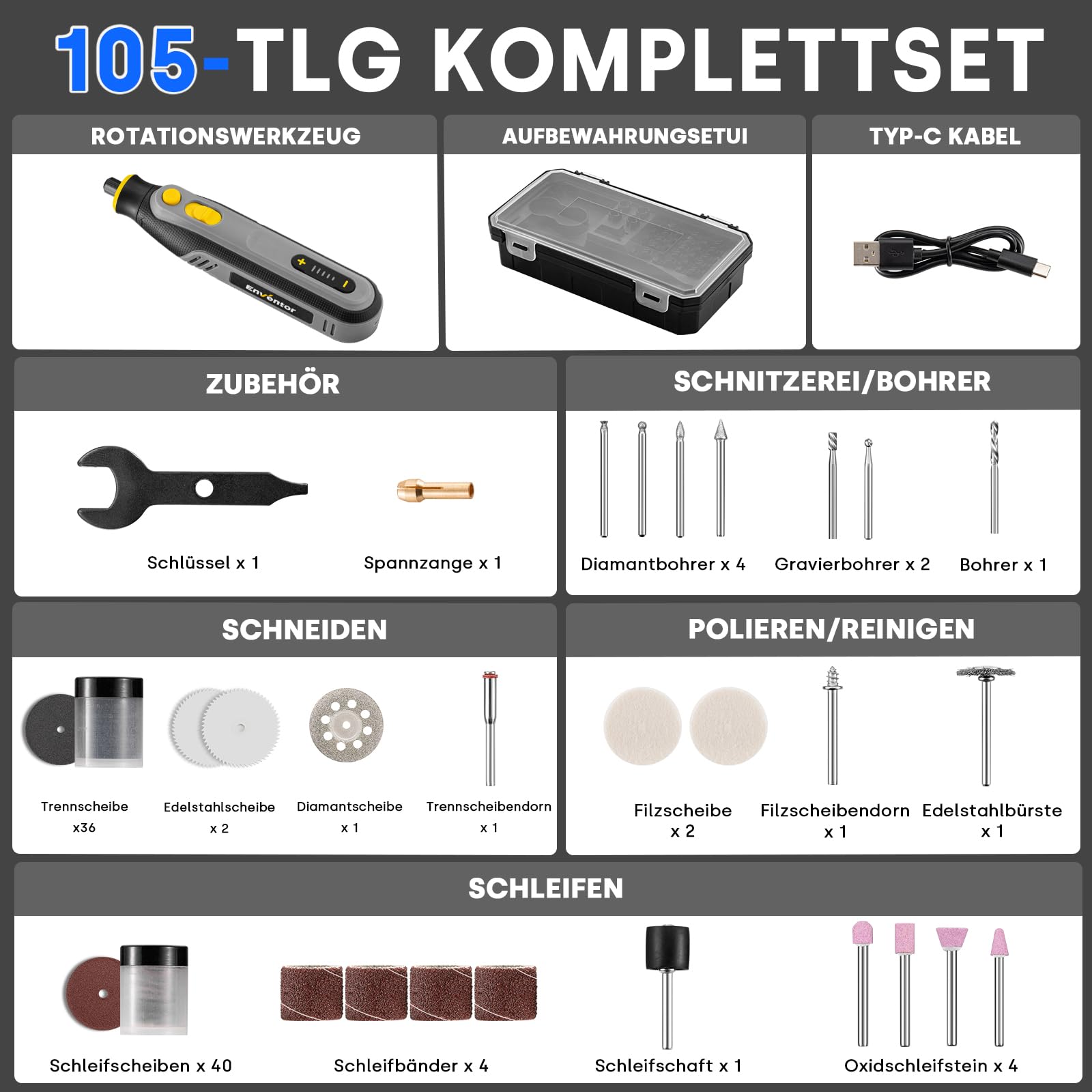Enventor 4V Mini Multifunktionswerkzeug Akku, Rotationswerkzeug-Set, 5 Variable Geschwindigkeiten, 5000-25000 RPM, 104-tlg Zubehör zum Schnitzen, Schleifen, Polieren, Schneiden, Bohren 7
