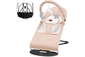 HKAI Baby Bouncer, Portable Baby Bouncer Seat for Babies 0-18 Months, 100% Cotton Fabrics, 3 Modes of use with Rocker and Stationary Options, Infant Rocker Chair with Hanging Toys-Organic Oat