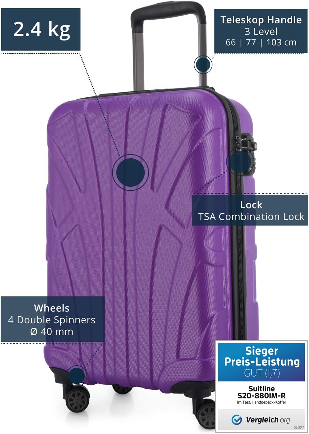 Suitline - Hand Luggage, Carry on Cabin Trolley, Hardshell Suitcase, 100% ABS, 55 cm, 34 liters, Purple, Purple/Aubergine, 55 cm (S) - Image 3